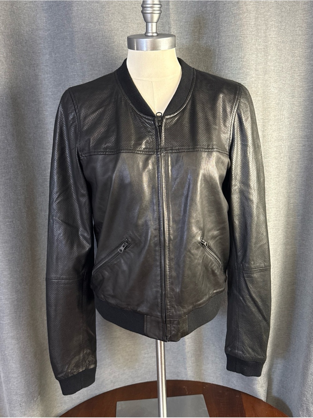 TROUVÉ Black Perforated Leather Bomber Jacket M